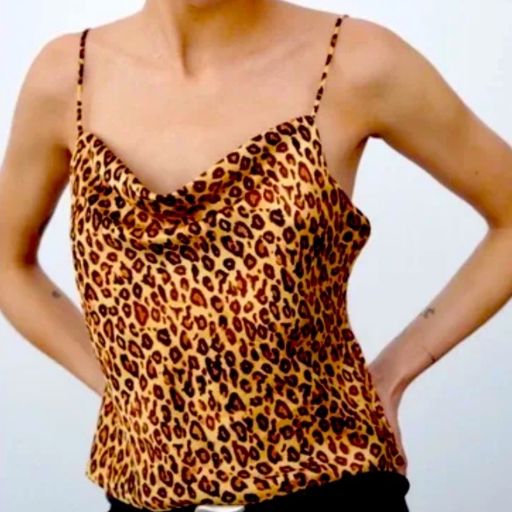 ZARA satin leopard print cowl neck chain strap top size XS